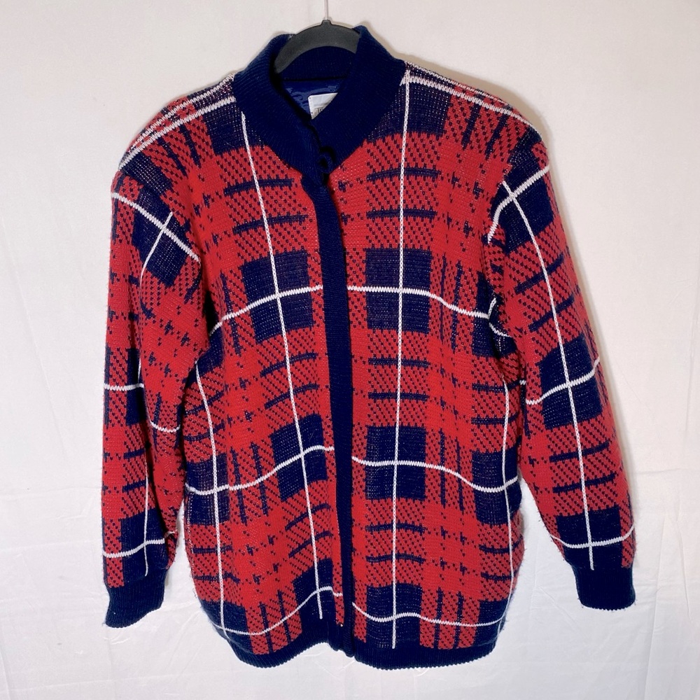 Vintage Tradition Sears Red Navy Plaid Knit Zip Front Cardigan Jacket L